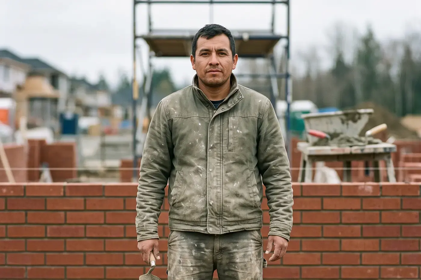 A bricklayer setting block by hand on a Hamilton job site