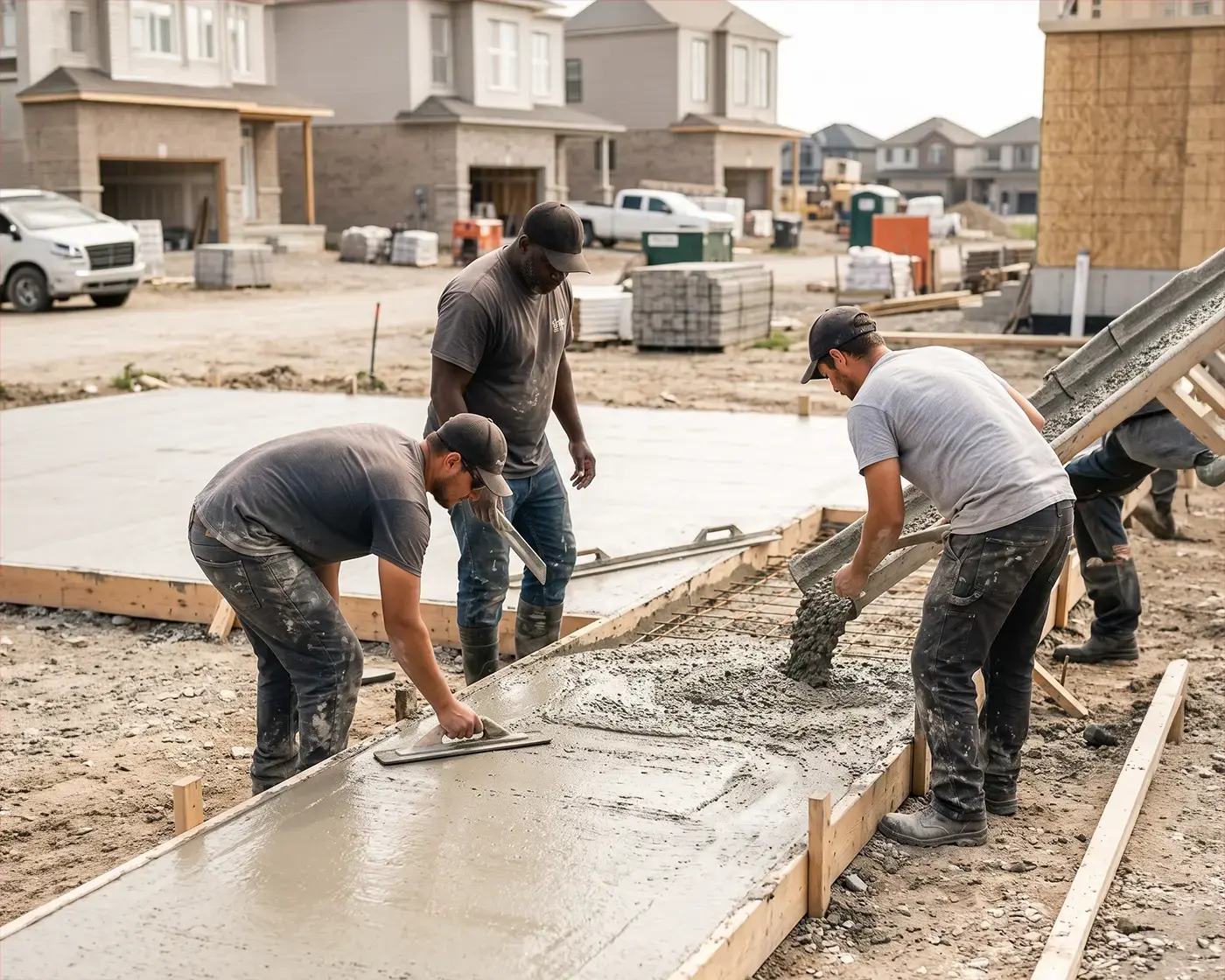 A concrete crew power-trowelling a freshly poured slab