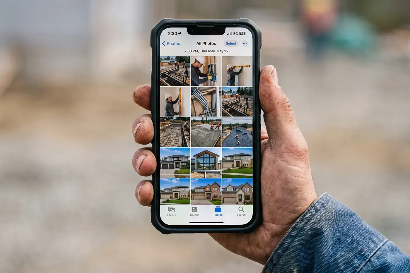 A phone held up on site, its camera roll full of finished construction photos