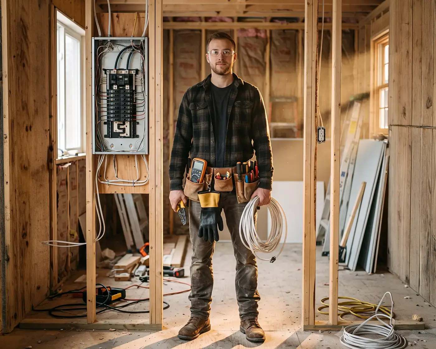 An electrician stands in a stud-framed renovation beside an open breaker panel, coiled wire in one hand and a meter in his tool belt