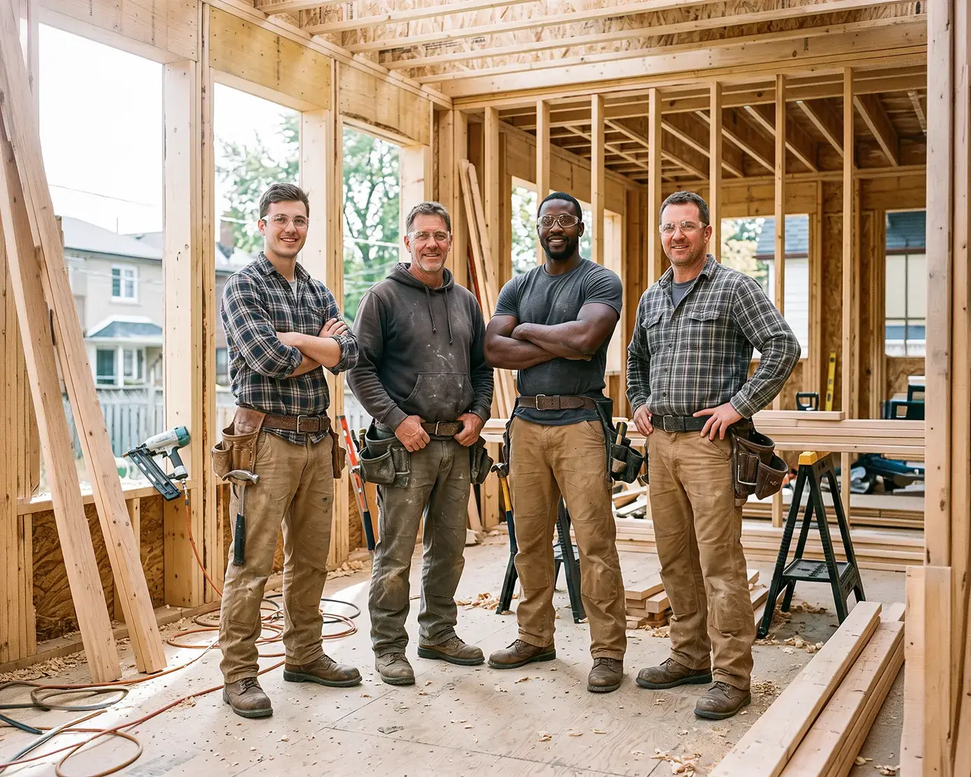 A residential framing crew lifting a stud wall into place on a house build