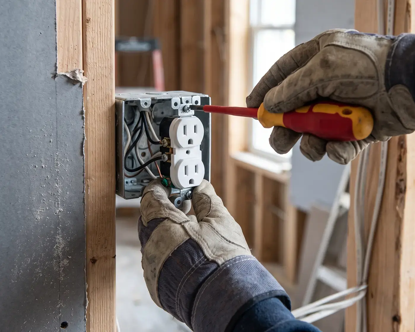 Gloved hands driving a screwdriver into a receptacle in an open stud wall