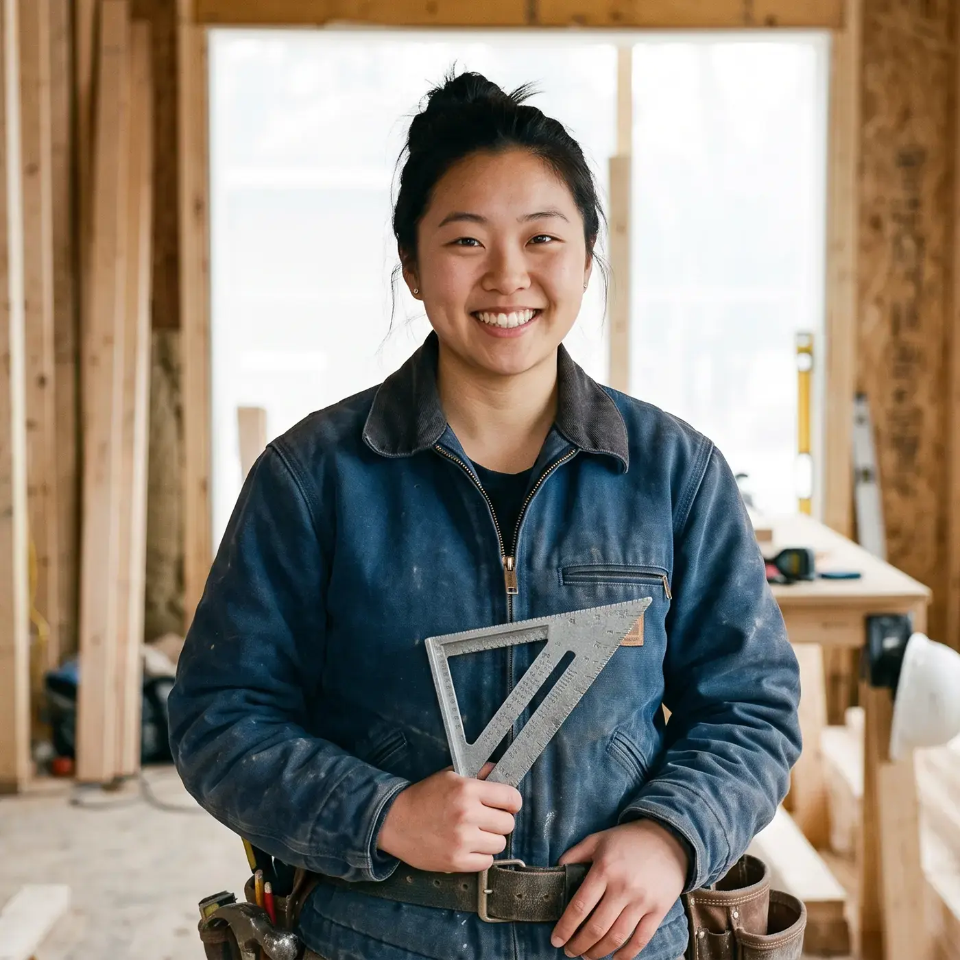 A carpentry apprentice holding a speed square on a framing job