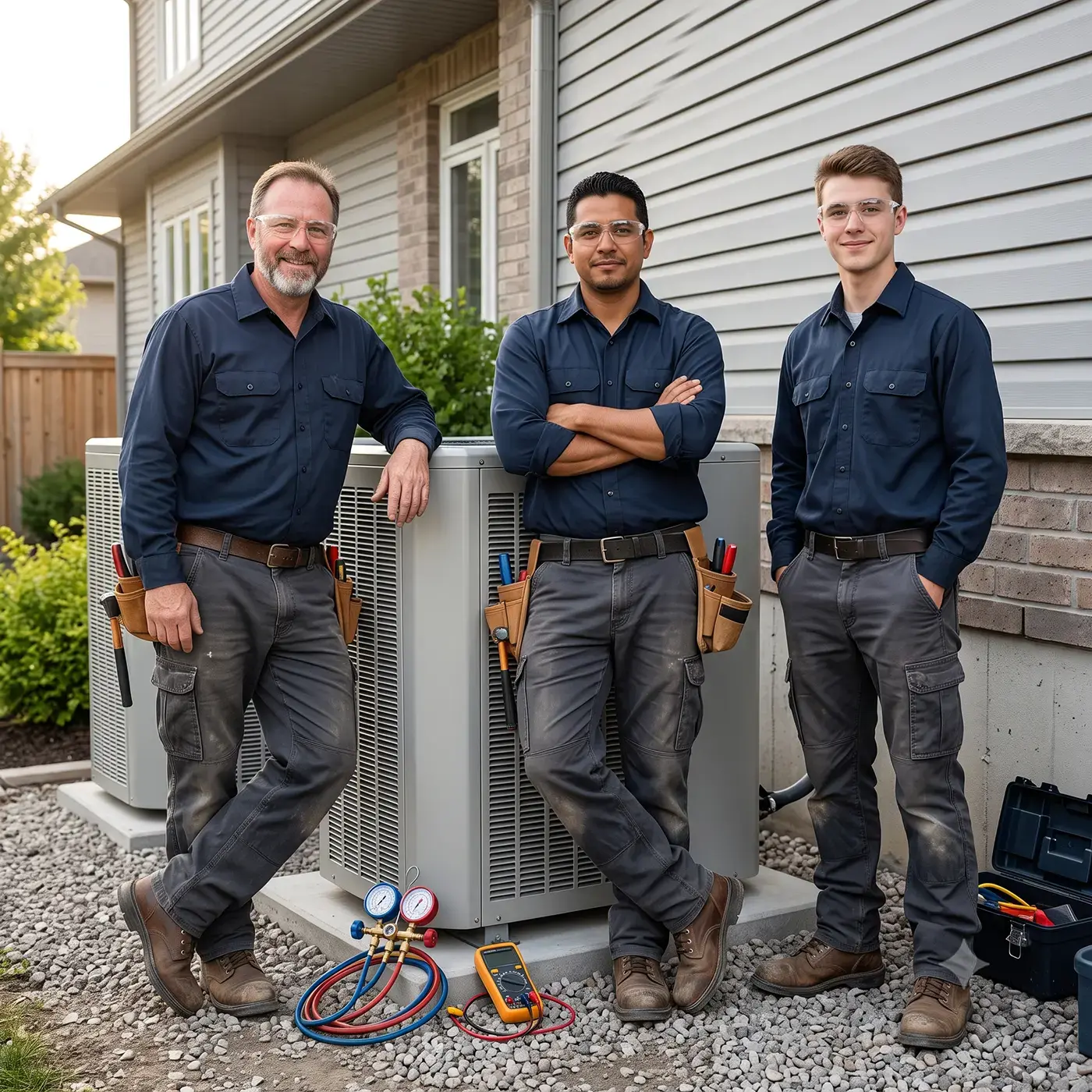Three HVAC technicians standing beside a condenser they have just installed