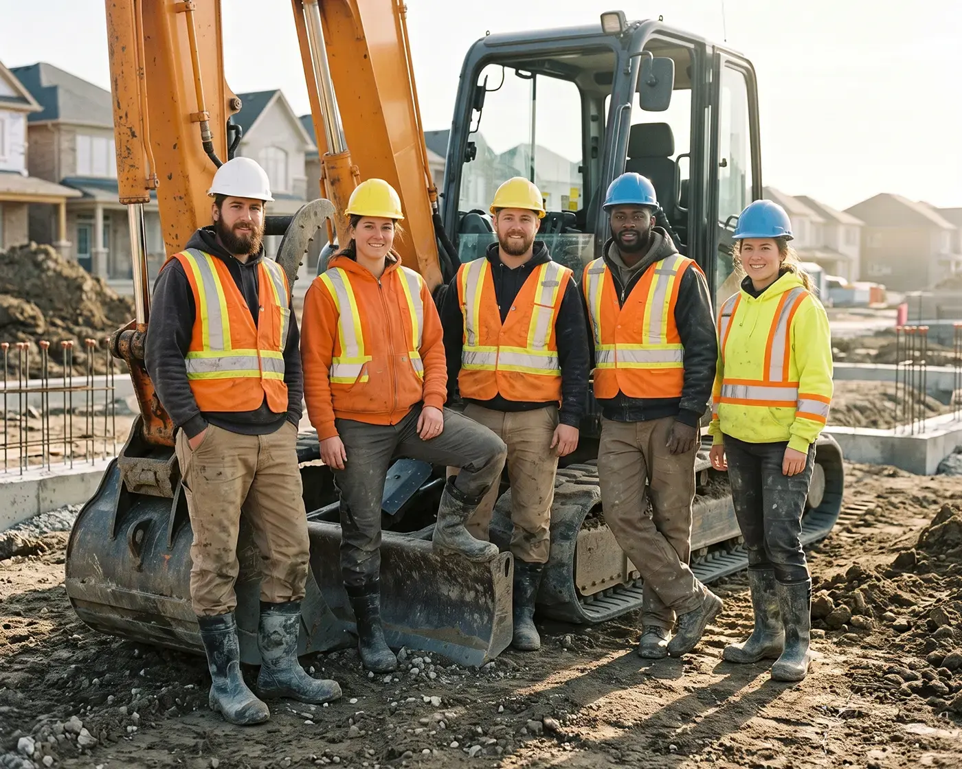 A crew of five in hi-vis standing in front of an excavator on a subdivision site