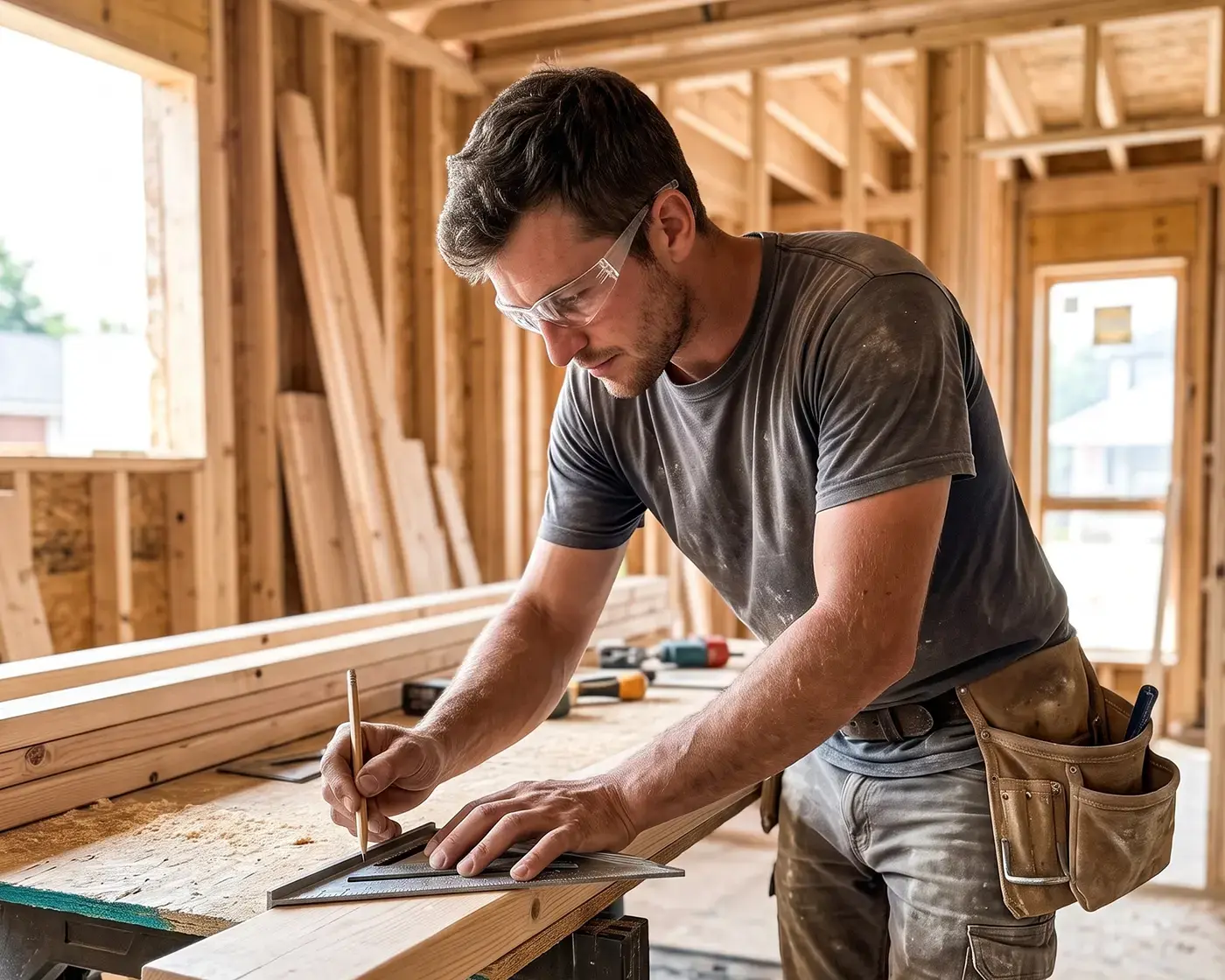 A framer marking a length of lumber with a pencil and a square