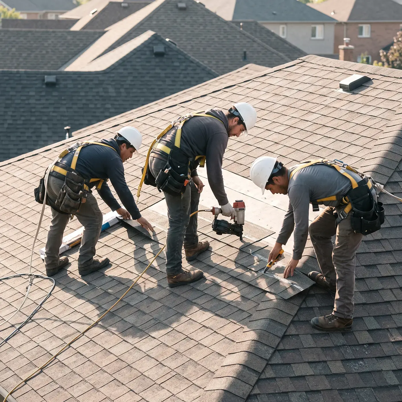 A roofing crew in harnesses laying shingles on a suburban roof