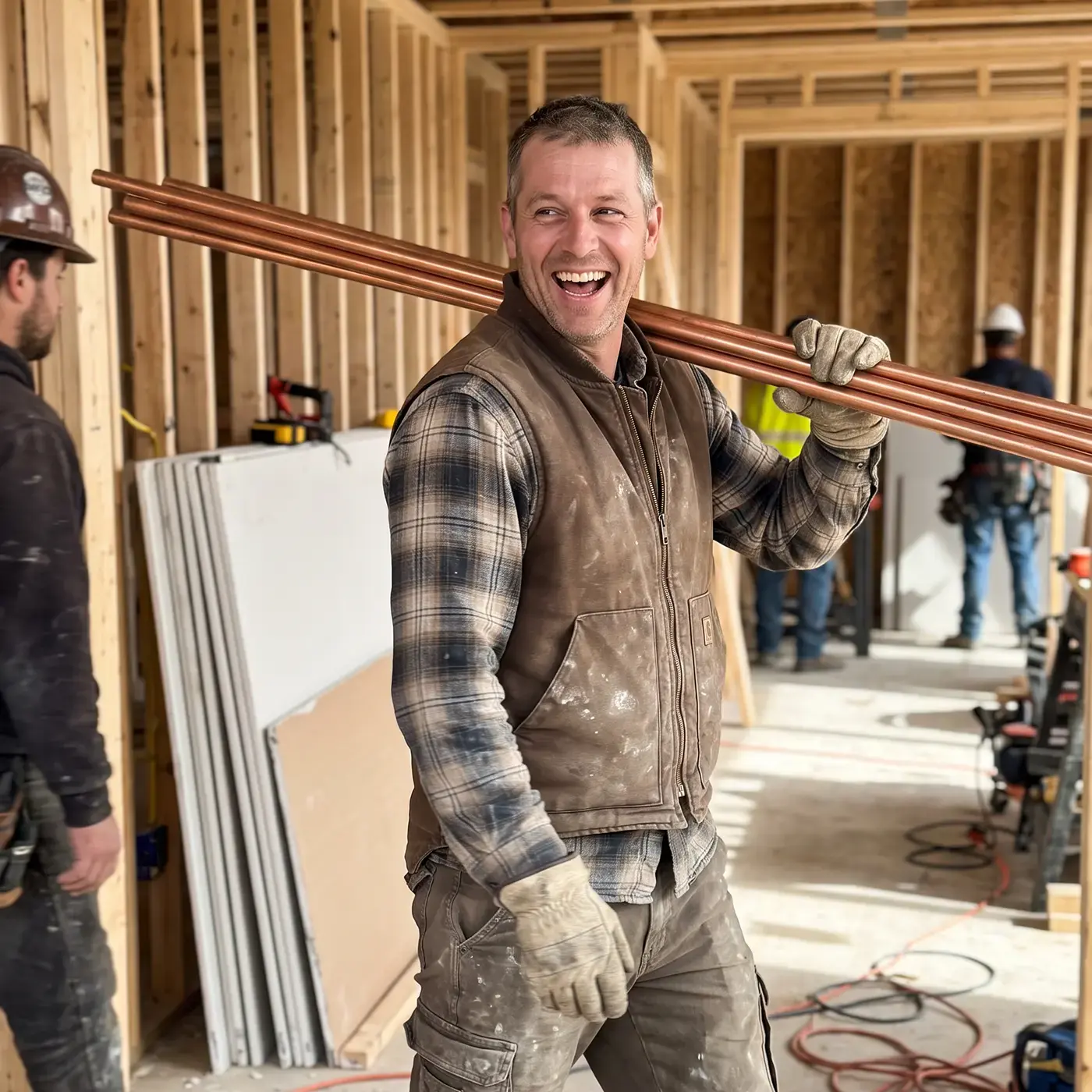 A plumber carrying lengths of copper pipe through a framed-out house