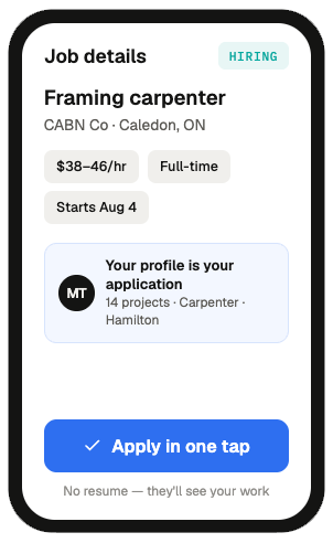 A job listing with a one-tap apply button