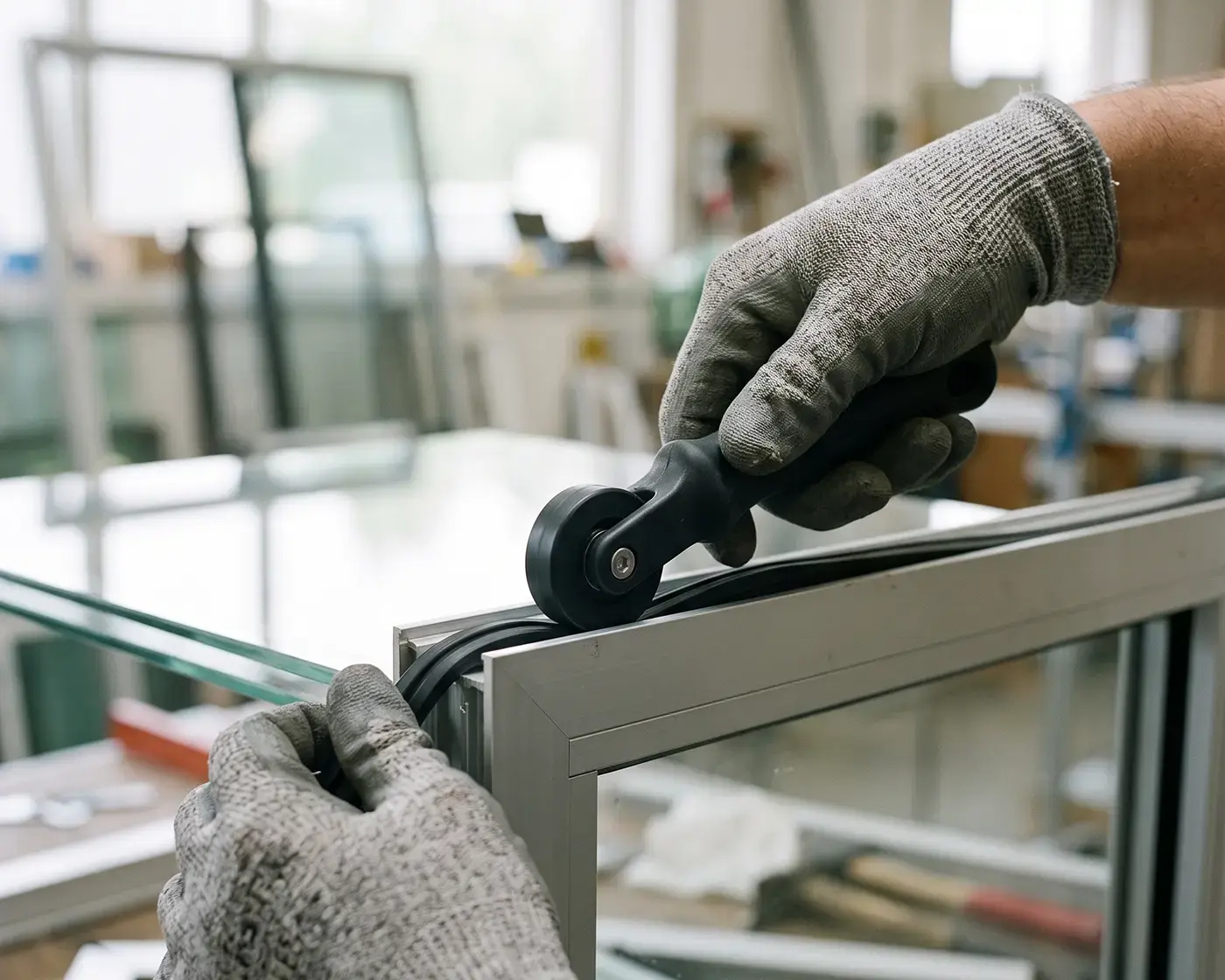 Glazier pressing a rubber gasket into a new window frame