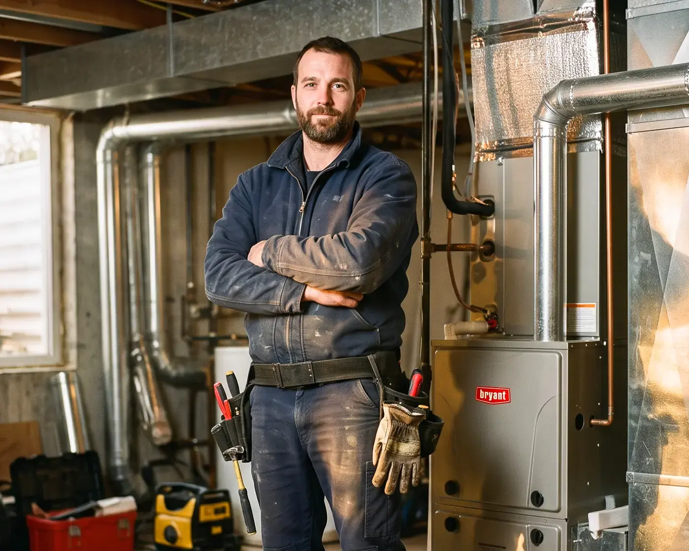 HVAC installer fitting ductwork in a Mississauga mechanical room