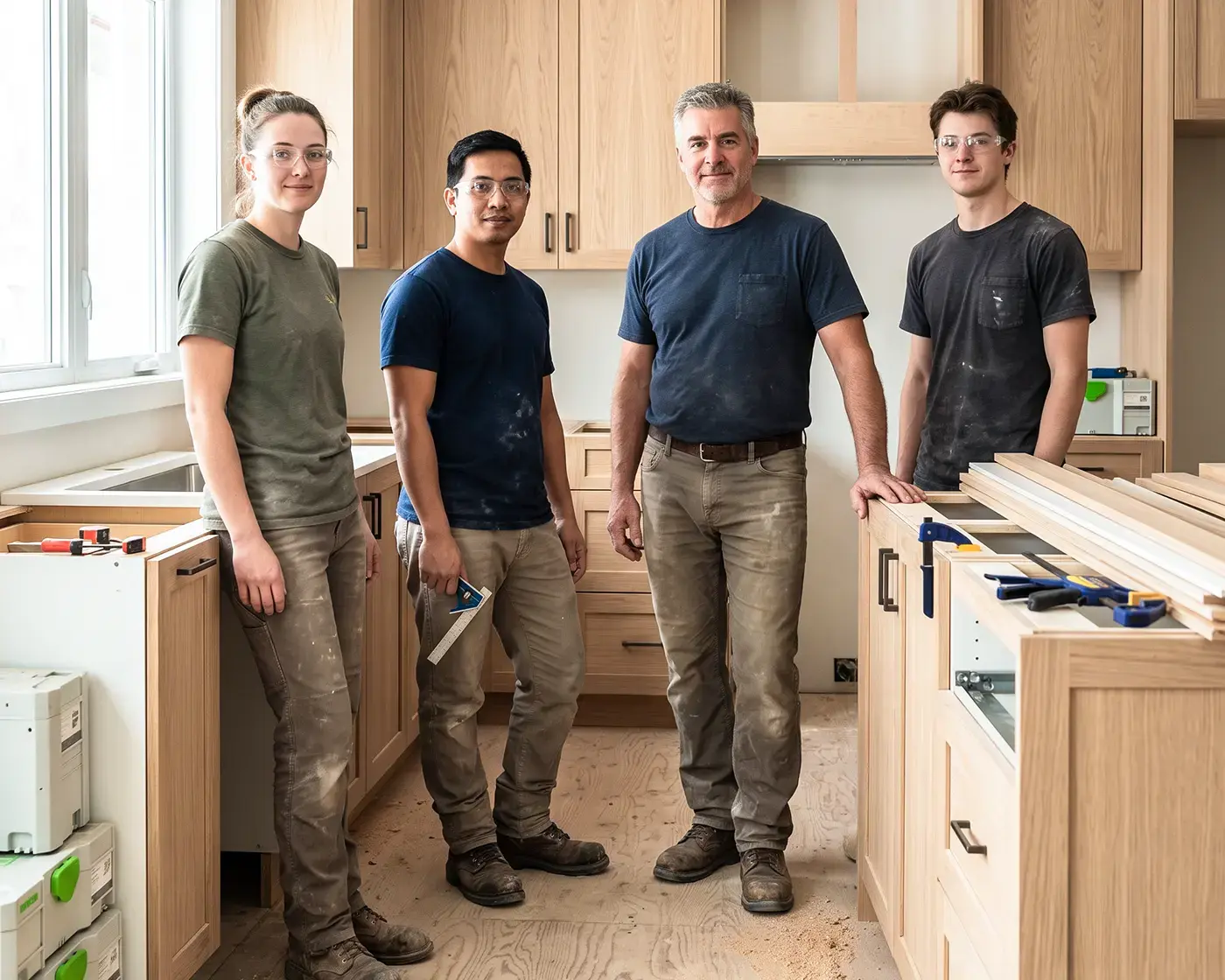 Finish carpentry crew fitting trim together on a residential job