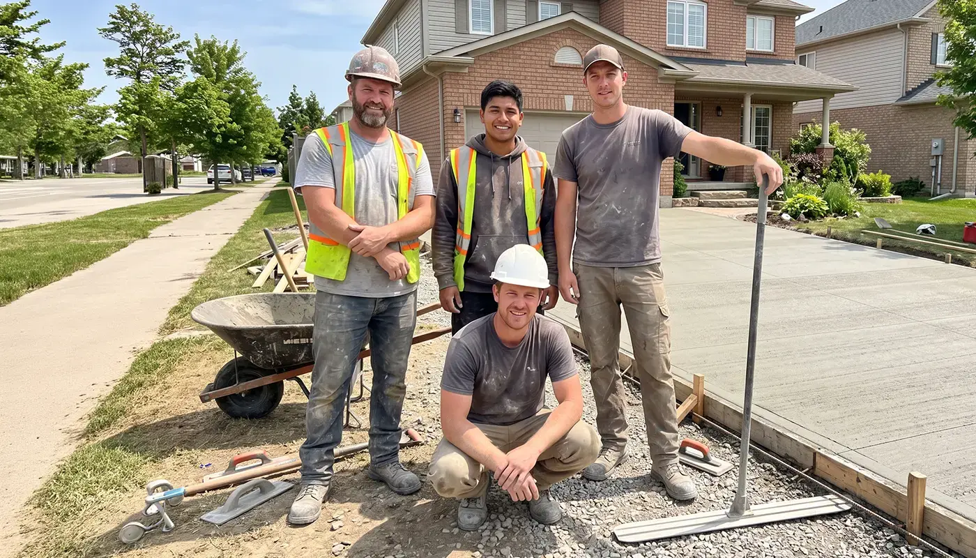 Freshly poured concrete driveway photographed from the curb while the crew packs up
