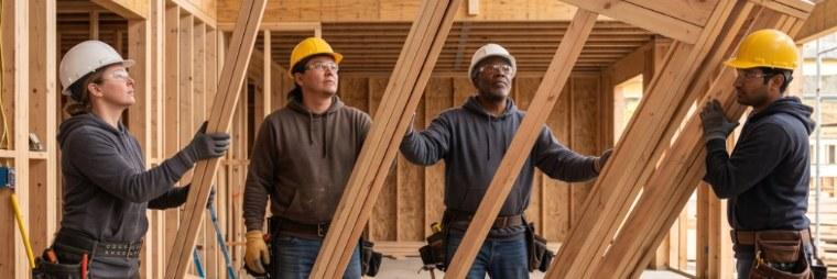 A framing crew raising a wall on a house build