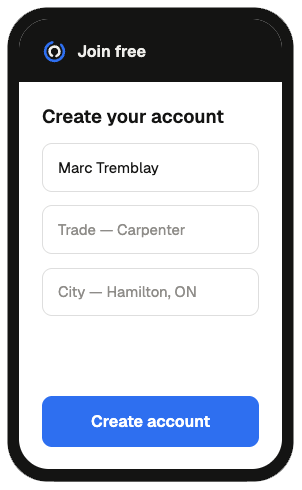Signup screen asking for name, trade and city