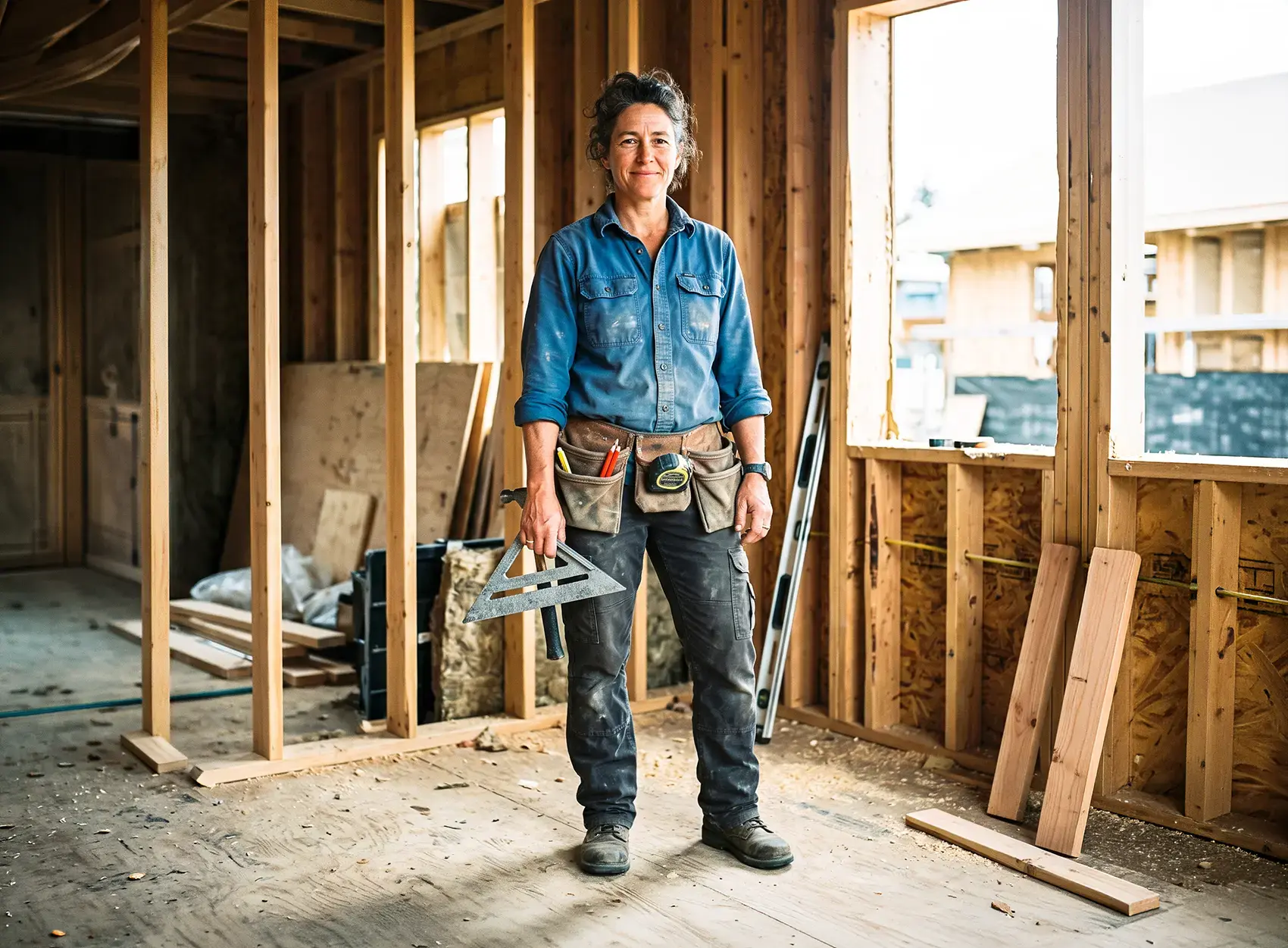 A finish carpenter at work on a staircase